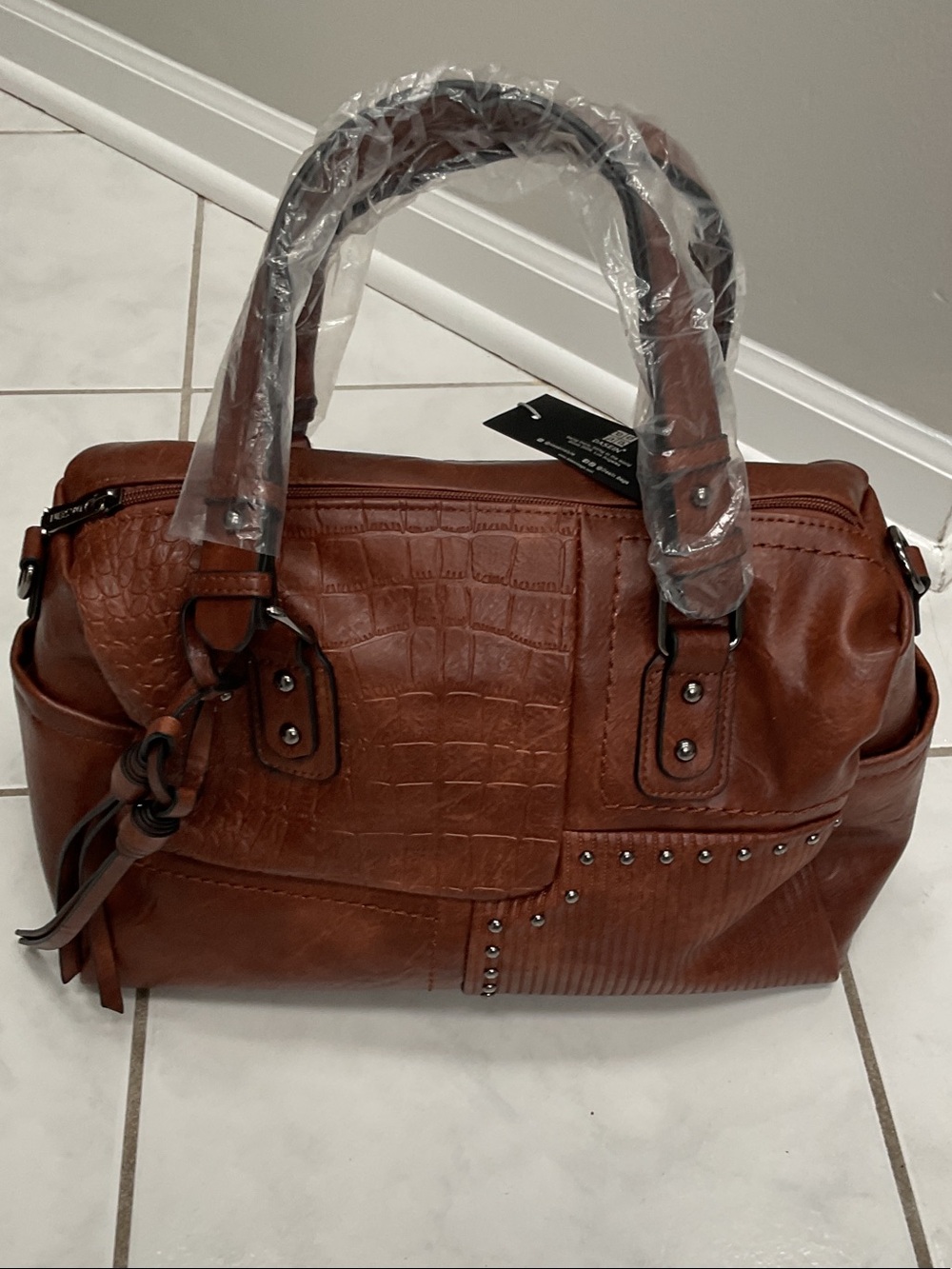 Faux-Leather Brown Patchwork Satchel Handbag